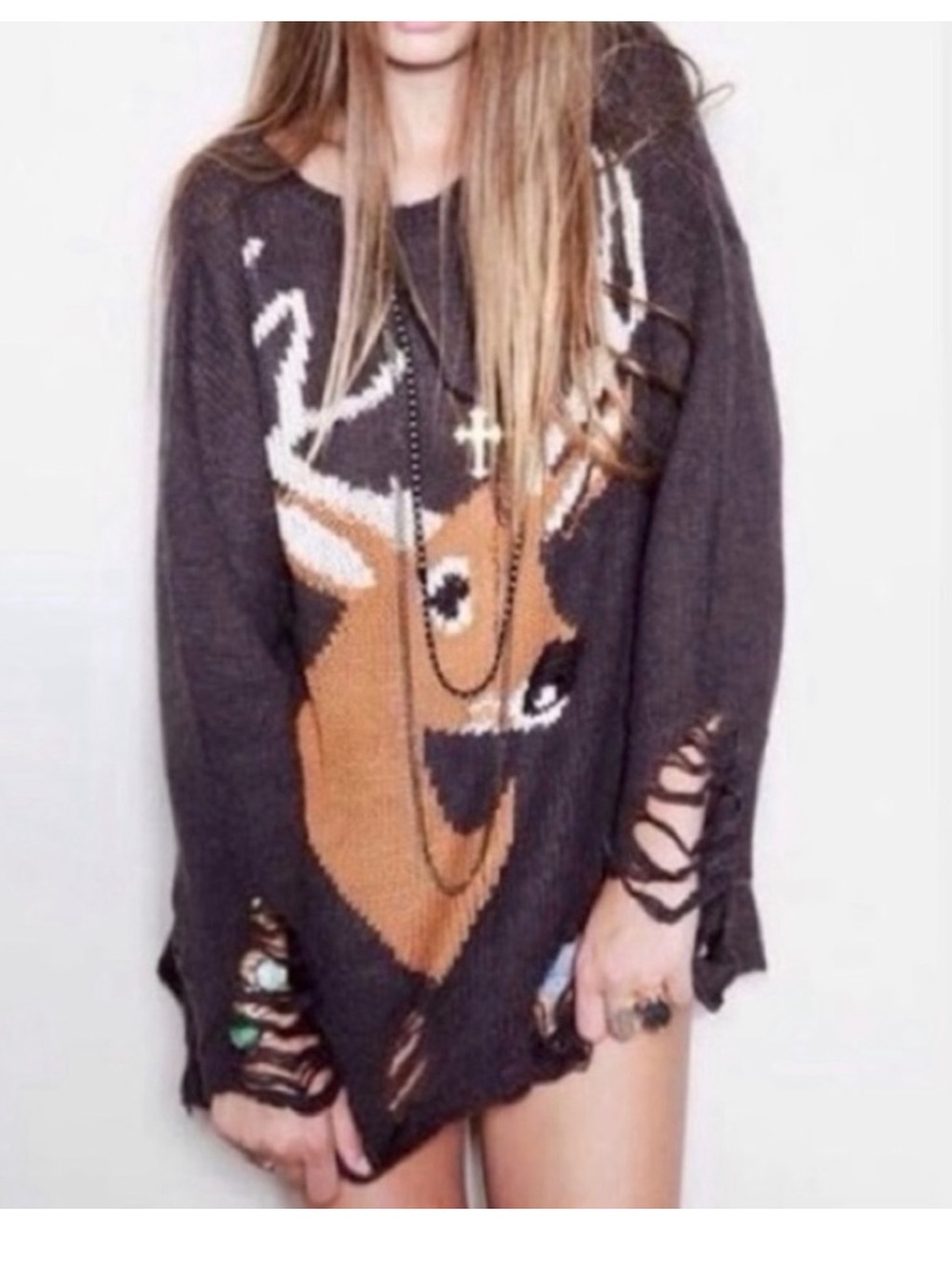 WILDFOX White Label Women’s Graphic Deer Gray Brown Distressed Sweater Size S